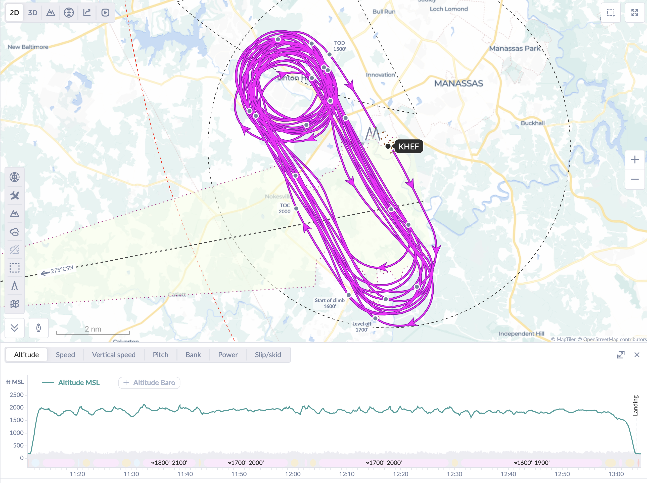Flight track map showing repeated north-south legs west of KHEF at 1800 ft MSL