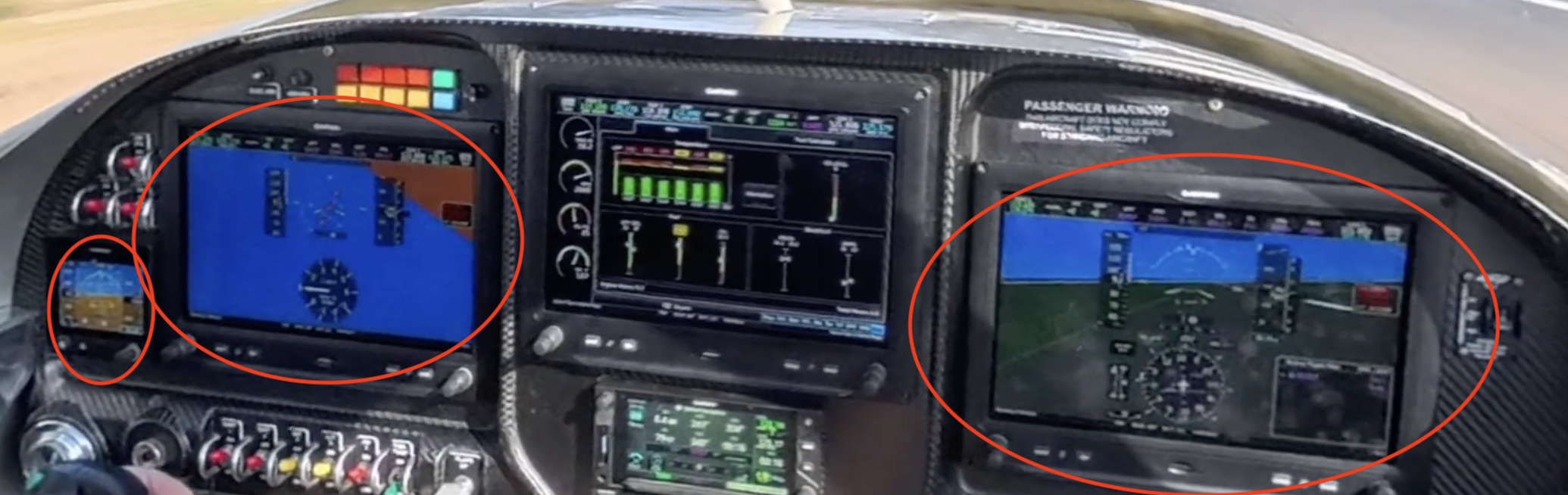 Cockpit photo showing AHRS-1 tumbled on PFD1 while PFD2 remains stable