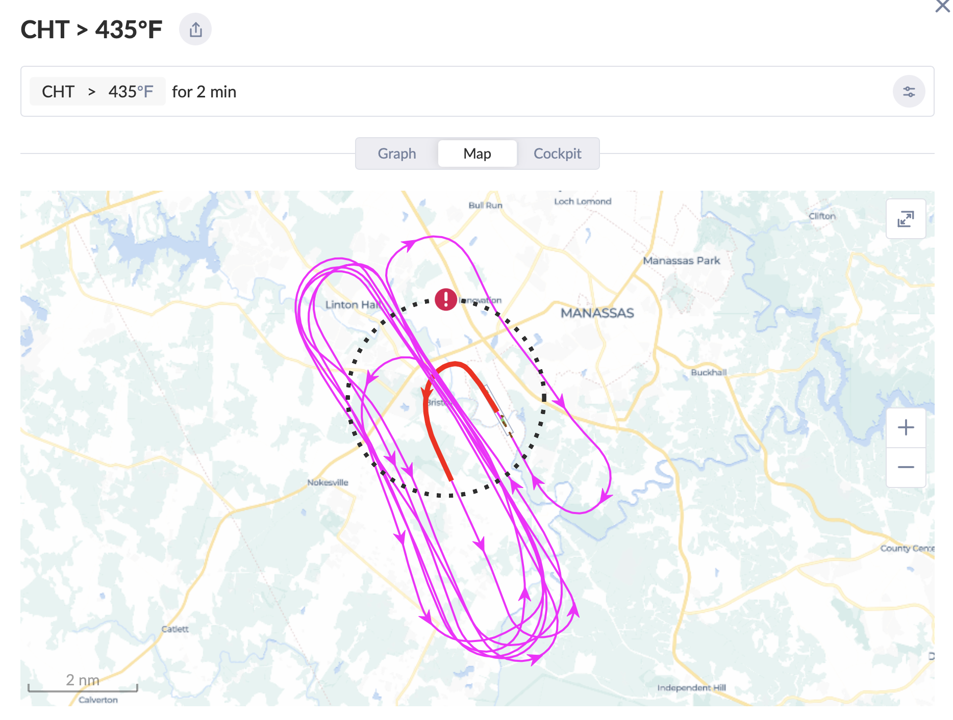 Flight track over Manassas showing CHT hot zones