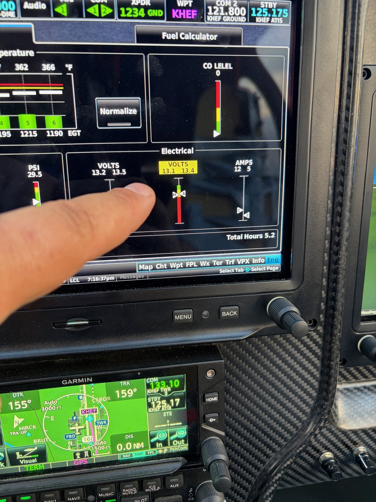 RV-10 N997CZ Flight 4 – G3X electrical page showing Bus 1 voltage dropping, VOLTS flagged in yellow