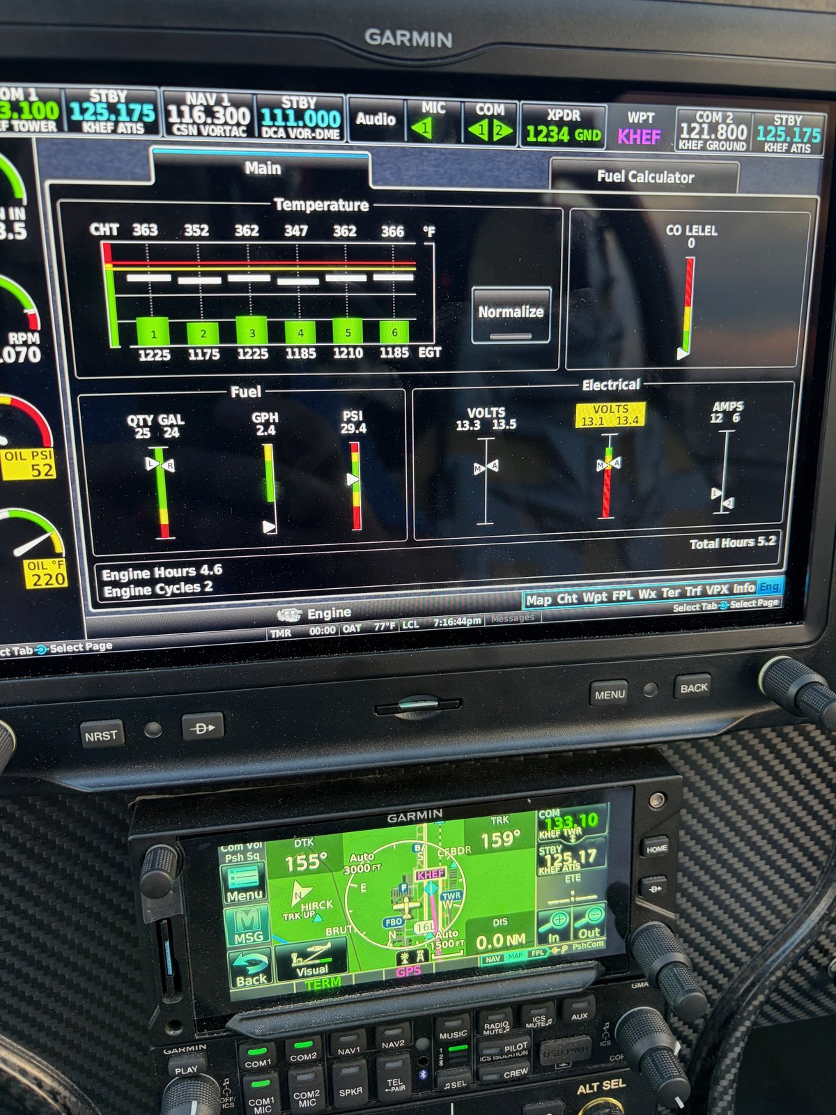RV-10 N997CZ Flight 4 – G3X engine page showing CHT temperatures, oil temp, and flagged VOLTS tile
