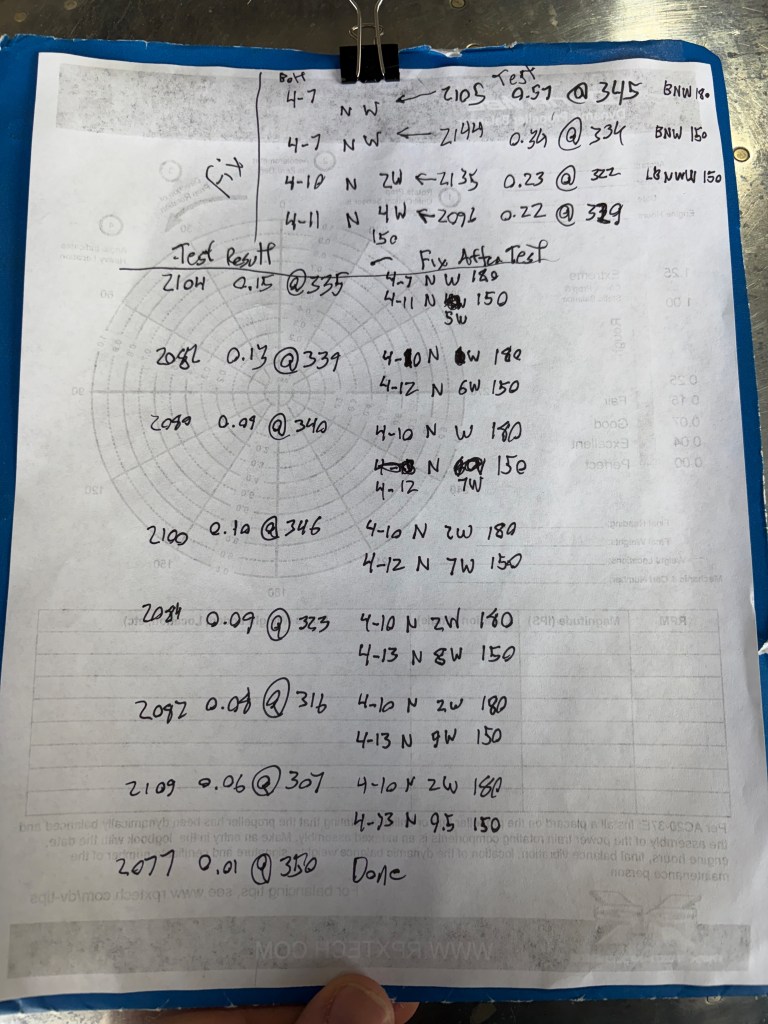 Handwritten iteration log from the prop balance session: starting at 0.57 IPS @ 345° and converging through twelve trim-weight adjustments to a final reading of 0.01 IPS at 350°.