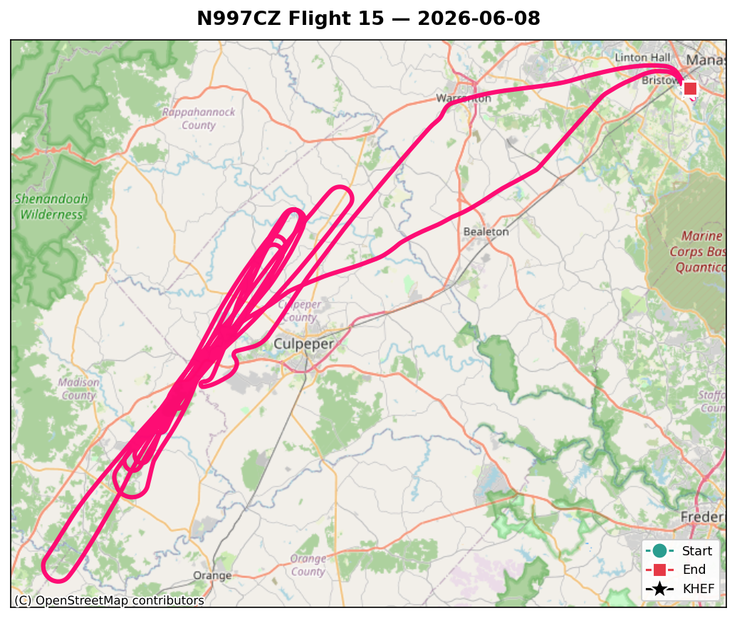 N997CZ Flight 15 ground track — the day's flight over the Phase 1 test area