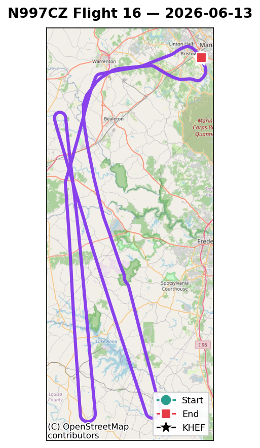 N997CZ's Flight 16 ground track — long, straight test legs for stabilized cruise points