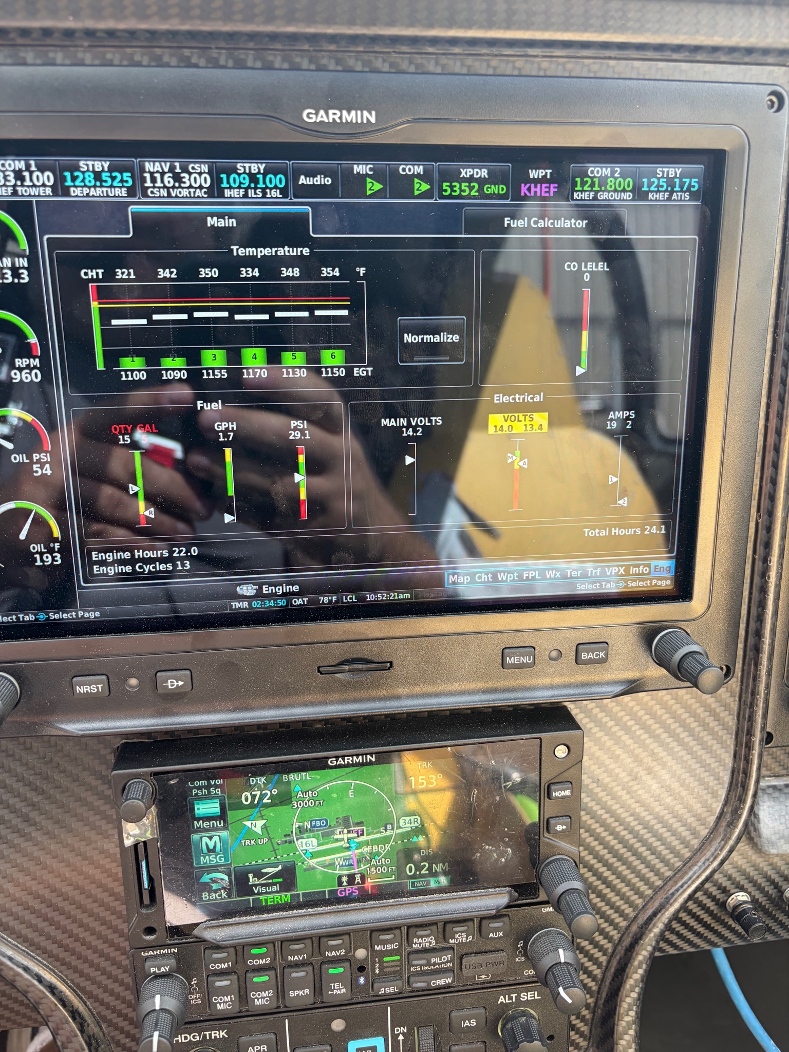 The G3X engine page after shutdown — CHTs already settling into the 320s–350s following the three-hour sortie