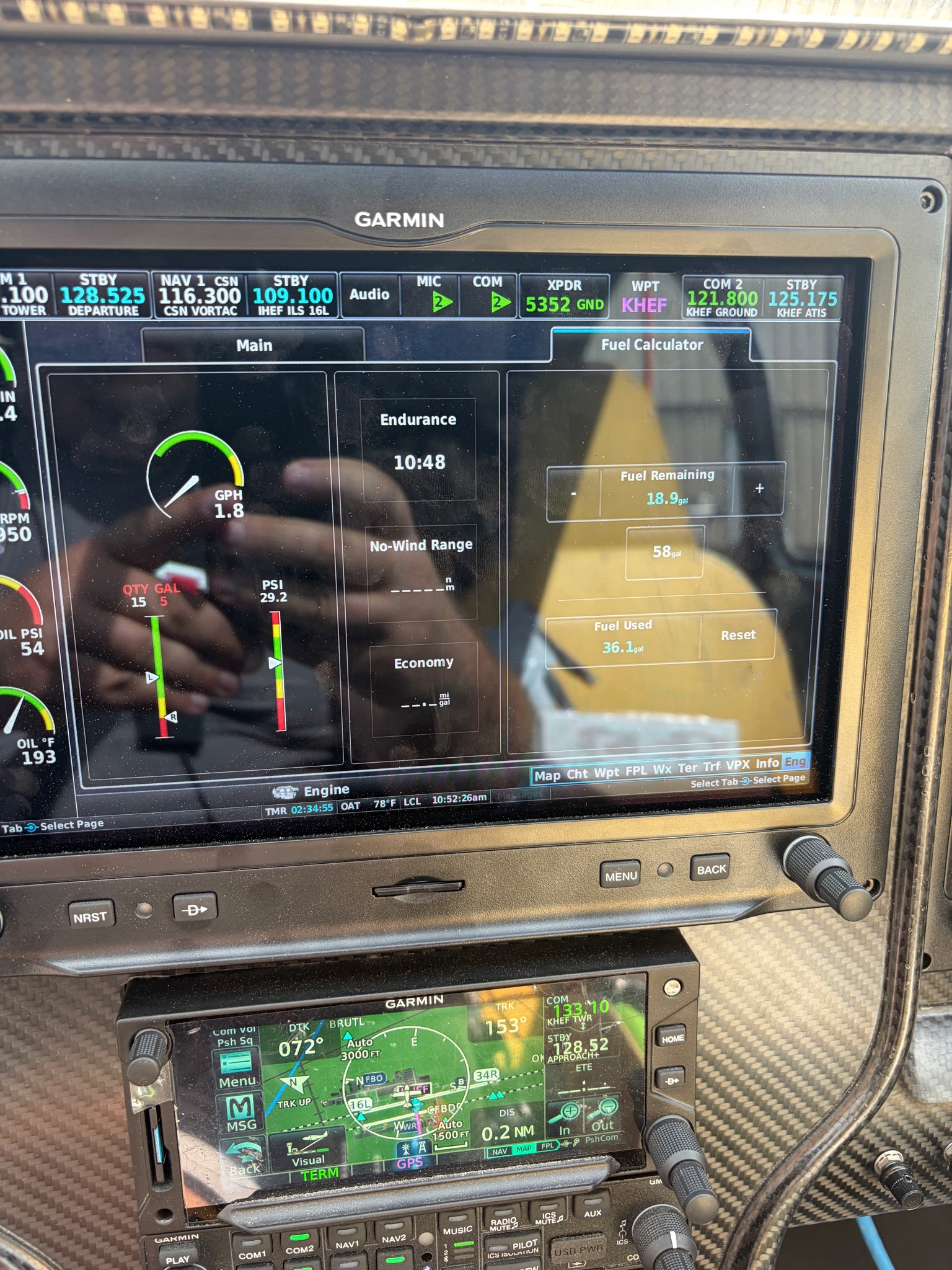 The Fuel Calculator at shutdown — 36.1 gallons used, matching the truck receipt to a third of a gallon
