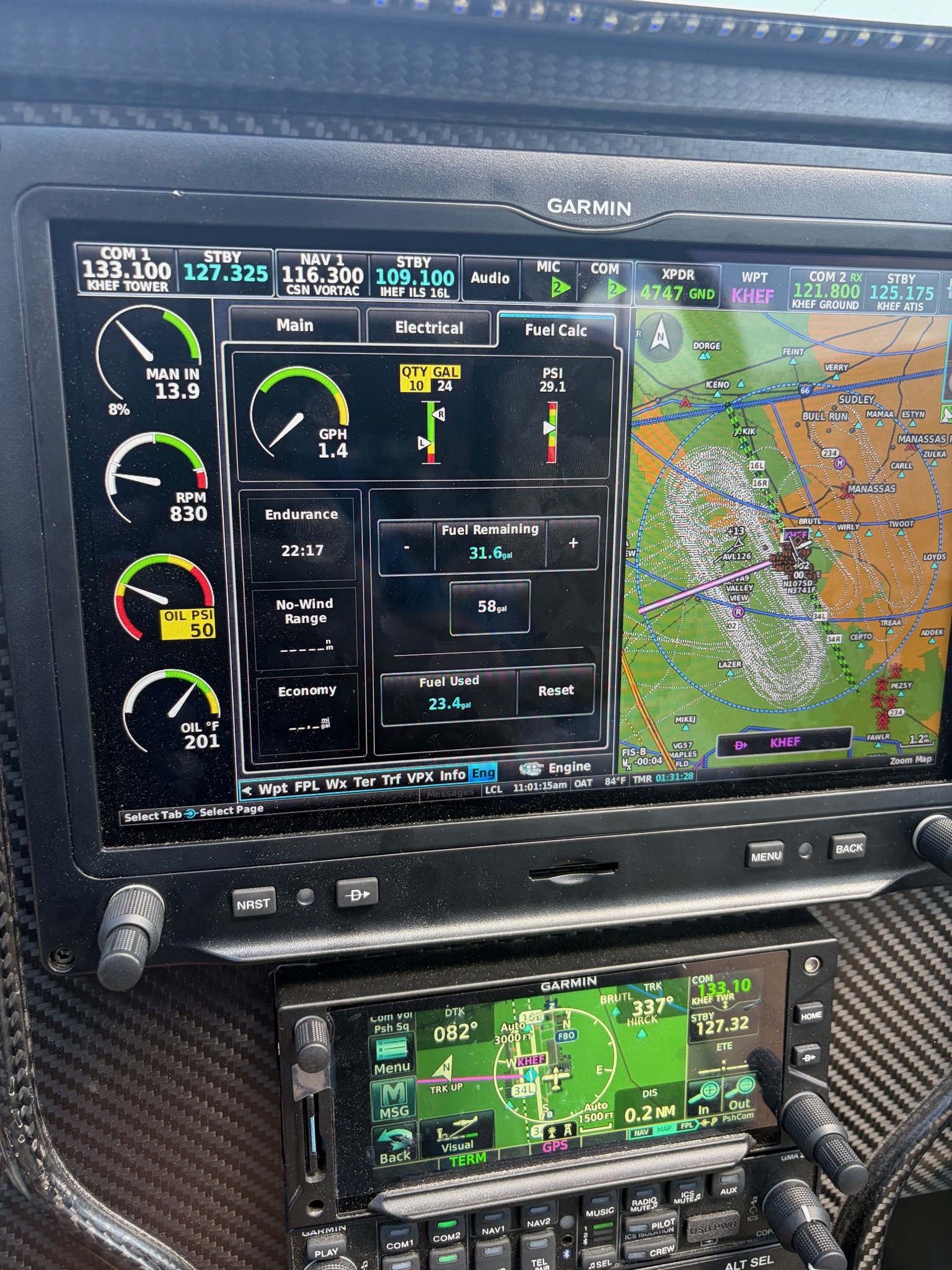G3X engine page after shutdown — the sortie's fuel used and economy at a glance
